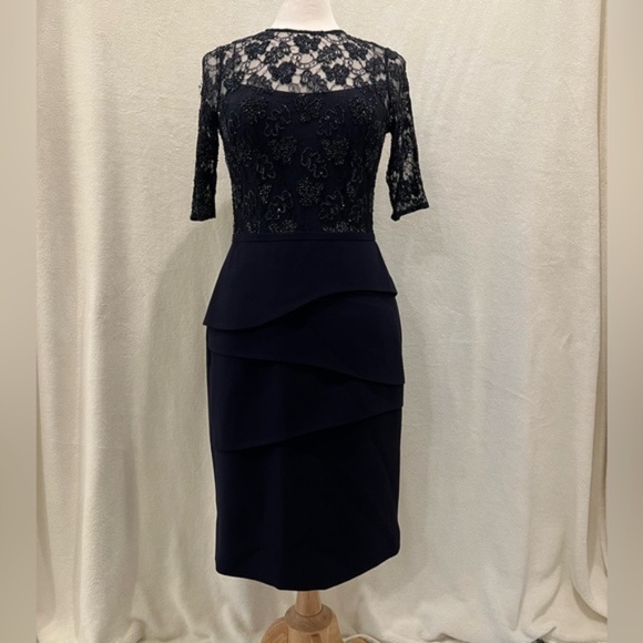 Teri Jon Midnight Blue Lace Elbow Length Dress - Picture 1 of 12